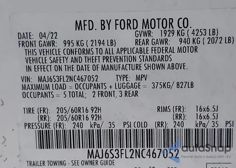 2022 Ford Ecosport S из США, поврежденный, VIN MAJ6S3FL2NC467052